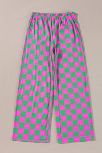 2-Tone Checked Print High Waist Wide Leg Pants