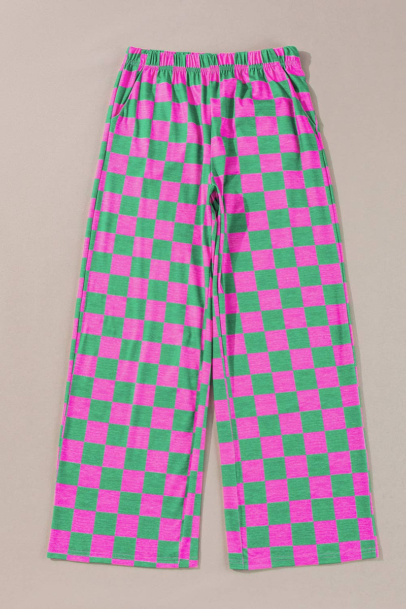2-Tone Checked Print High Waist Wide Leg Pants