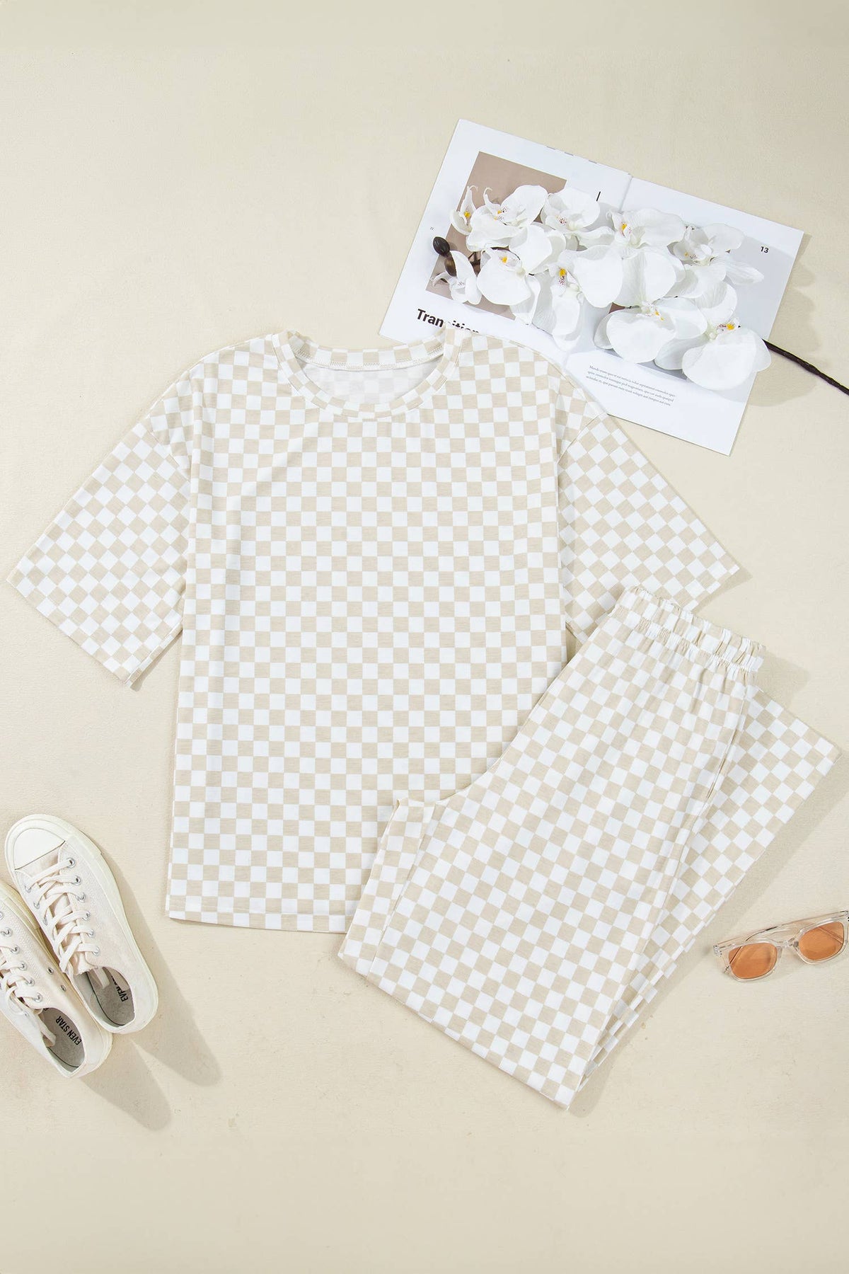 Checkered Print Half Sleeve Tee 2pcs Lounge Pant Set