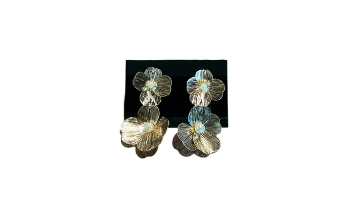 Gold Pearl Flower Double Drop Earrings