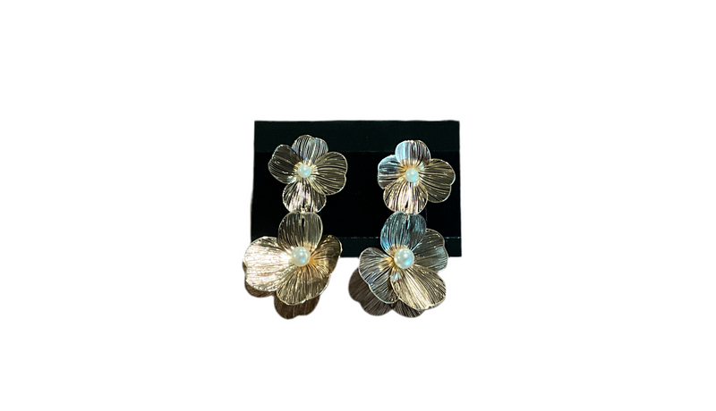 Gold Pearl Flower Double Drop Earrings