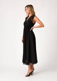 Sleeveless V Neck Lace Trim Midi Dress