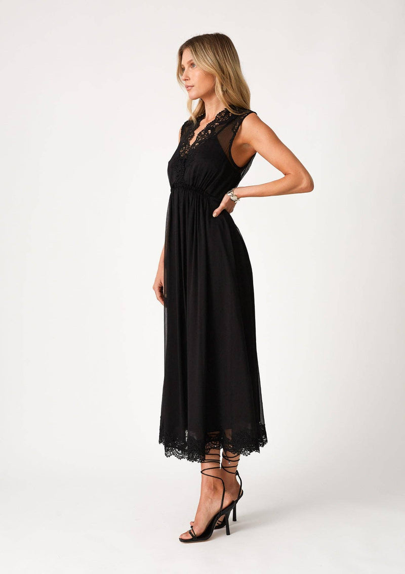 Sleeveless V Neck Lace Trim Midi Dress