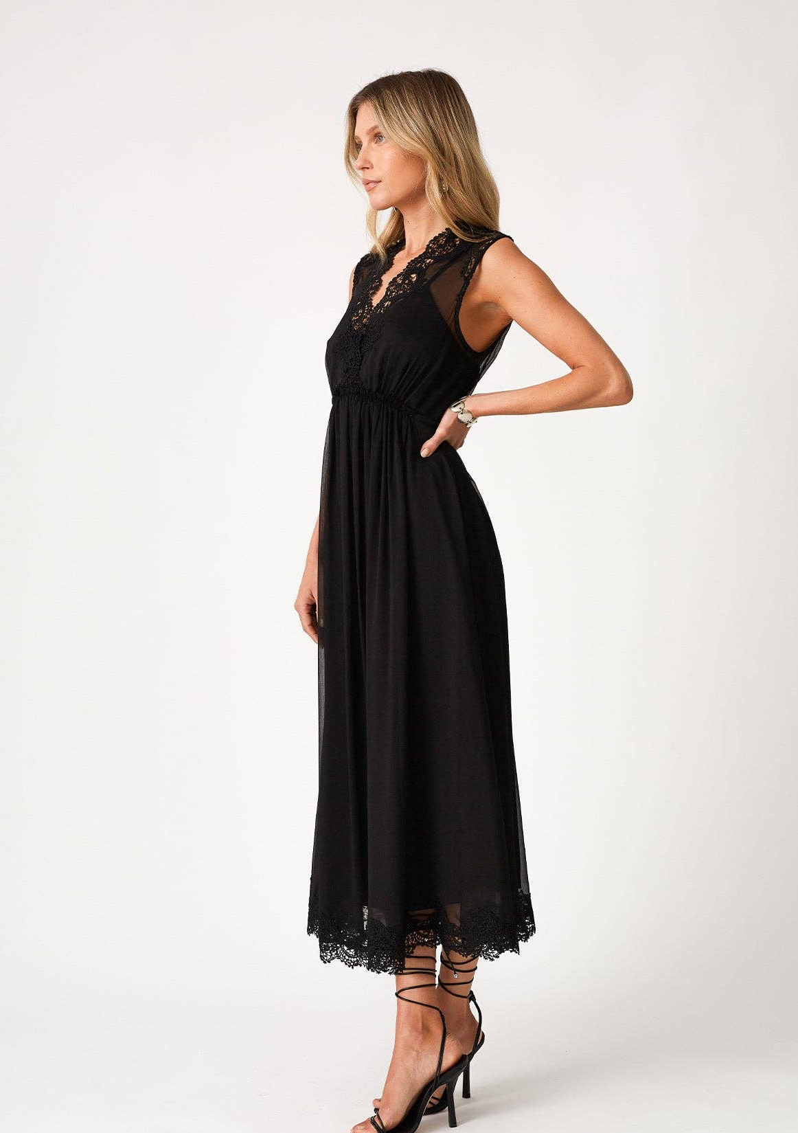 Sleeveless V Neck Lace Trim Midi Dress
