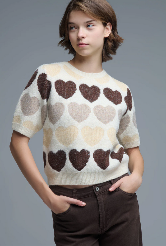 Wool Blend Cream/Brown Heart Sweater