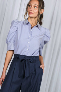 Collared Neck Short Puff Sleeve Striped Blouse