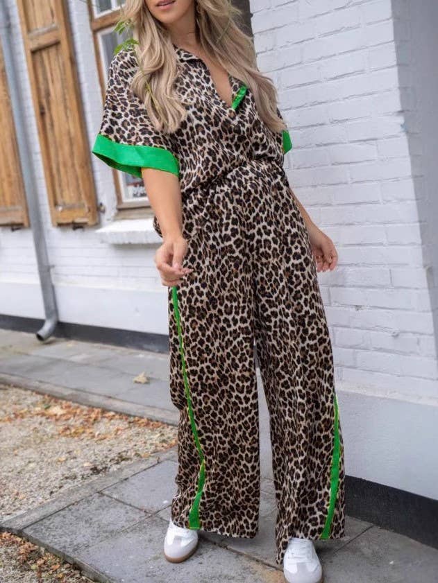 Street Wild Leopard Print Contrast Trim Lounge Set
