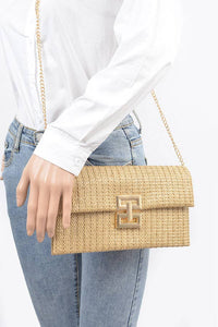 Faux Straw Metal Flap Clutch