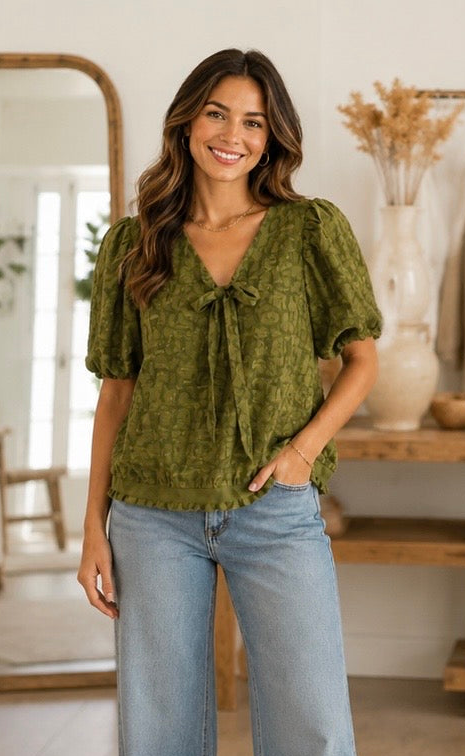 Olive Jacquard Tie Front Blouse