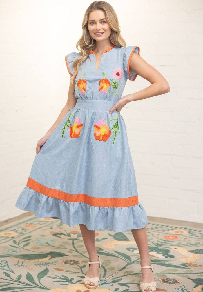 Ruffle Detailed Floral Embroidery Midi Dress