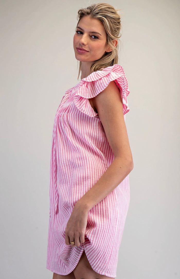 Pink Striped Drawstring Mini Dress
