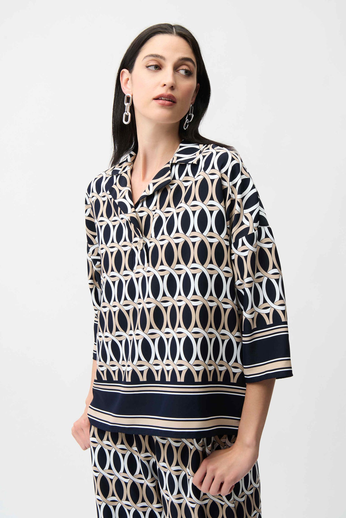 Joseph Ribkoff Recycled Woven Geometric Print Boxy Top With Shirt Collar