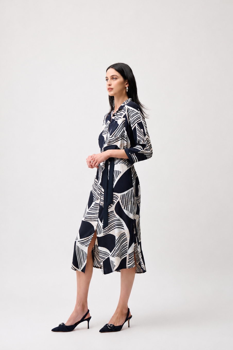 Joseph Ribkoff Satin Back Crepe Geometric Print Shirt Dress With Sash