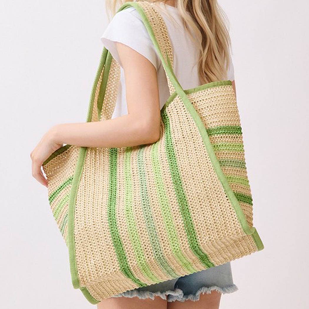 Natural Straw Tote With Multi Color Stripes