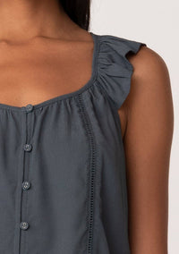 Ruffle Strap Scoop Neck Button Down Tank Top