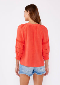Smocked 3/4 Sleeve Lace Trim Blouse