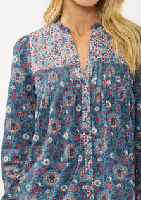Long Sleeve Floral Blouse with Pleats & Quilted Yoke