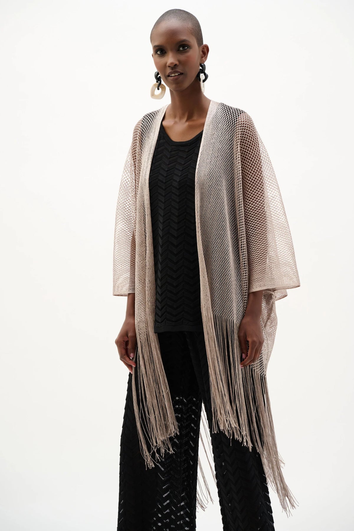 Joseph Ribkoff Open Stitch Draped Cover-Up With Fringe