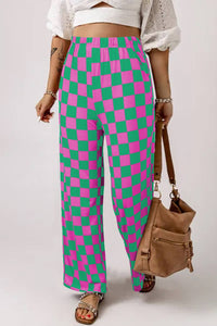 2-Tone Checked Print High Waist Wide Leg Pants
