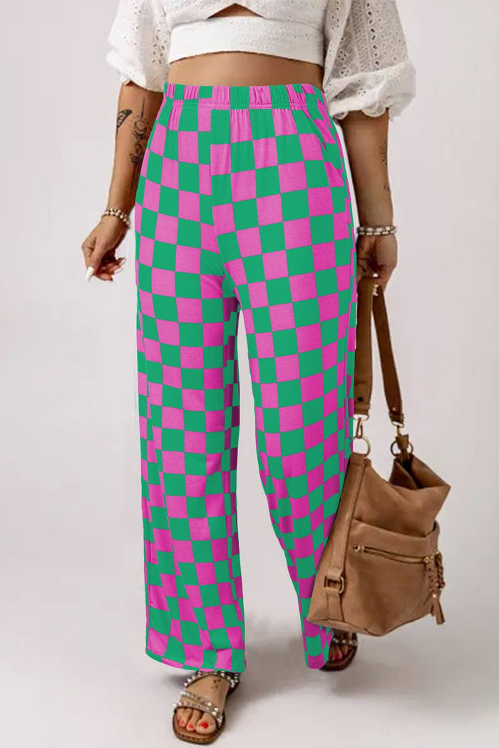 2-Tone Checked Print High Waist Wide Leg Pants