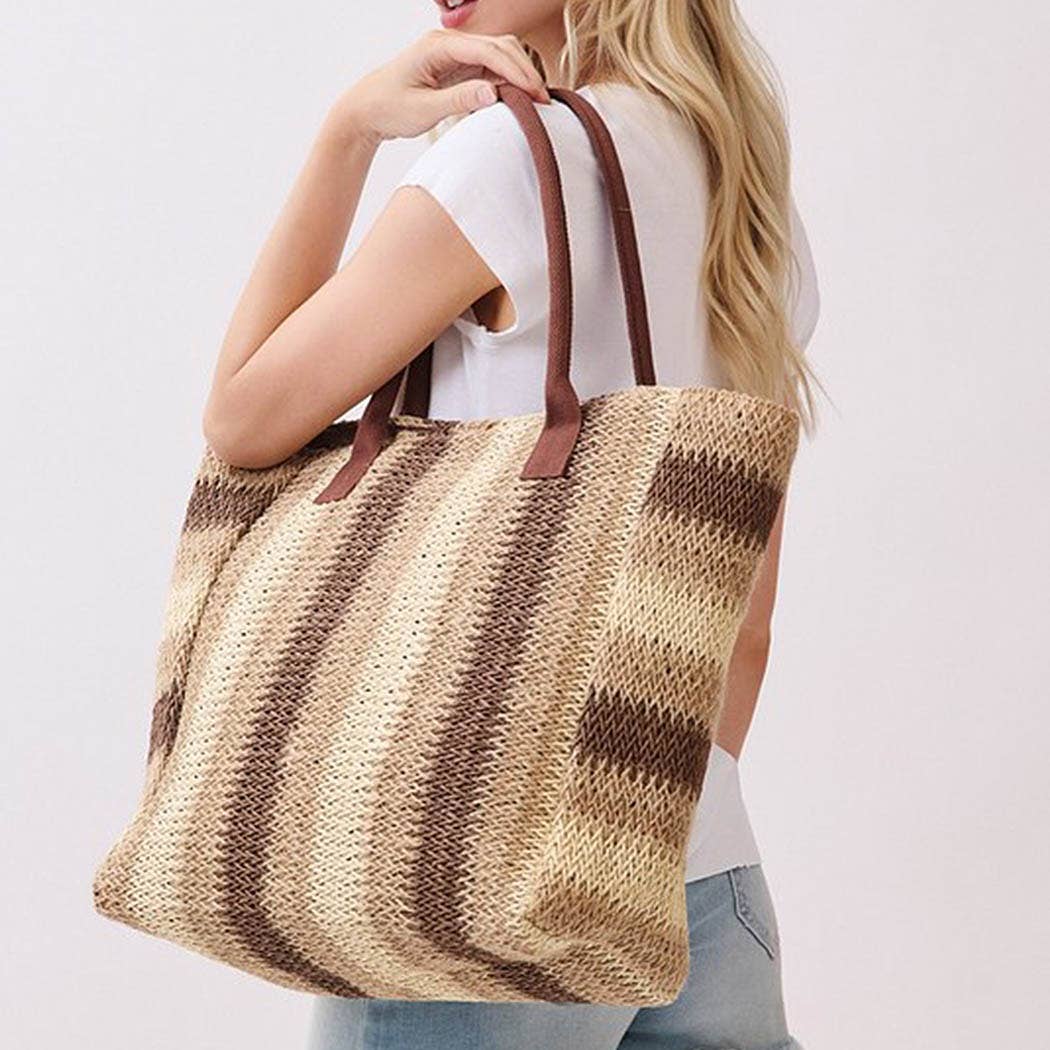 Natural Brown Multi Color Stripe Straw Tote Bag