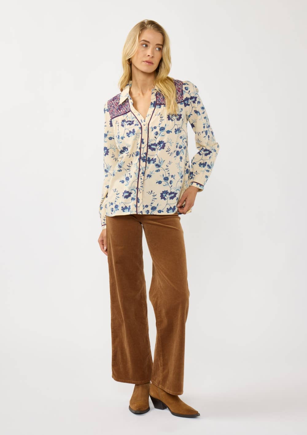 Long Sleeve Floral Blouse with Smocked Yoke