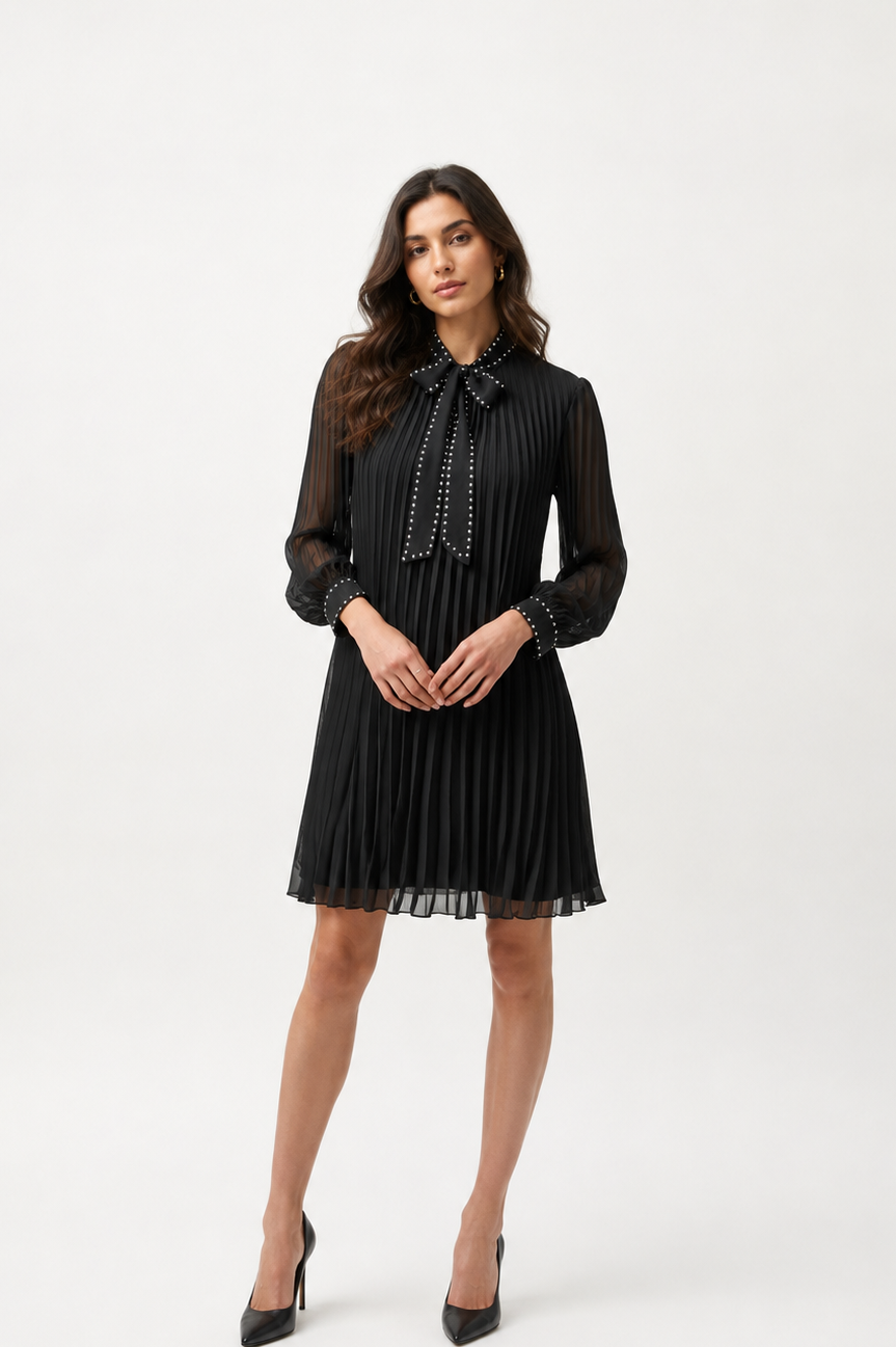 Joseph Ribkoff Pleated Chiffon Aline Dress with Neck Tie