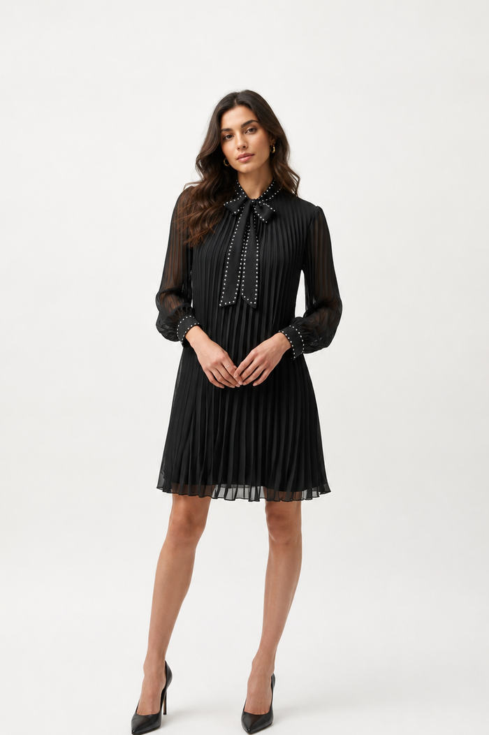 Joseph Ribkoff Pleated Chiffon Aline Dress with Neck Tie