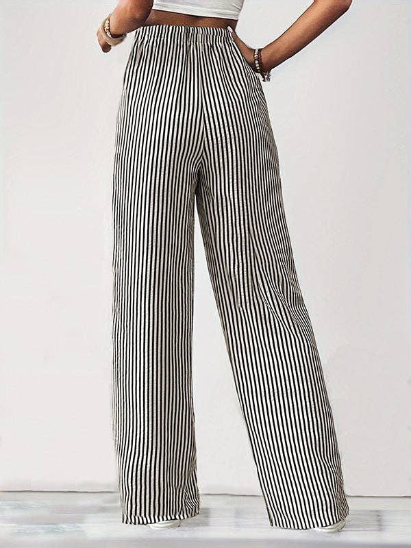 Loose Drawstring Elasticity Pockets Split-Joint Striped Pants Trousers