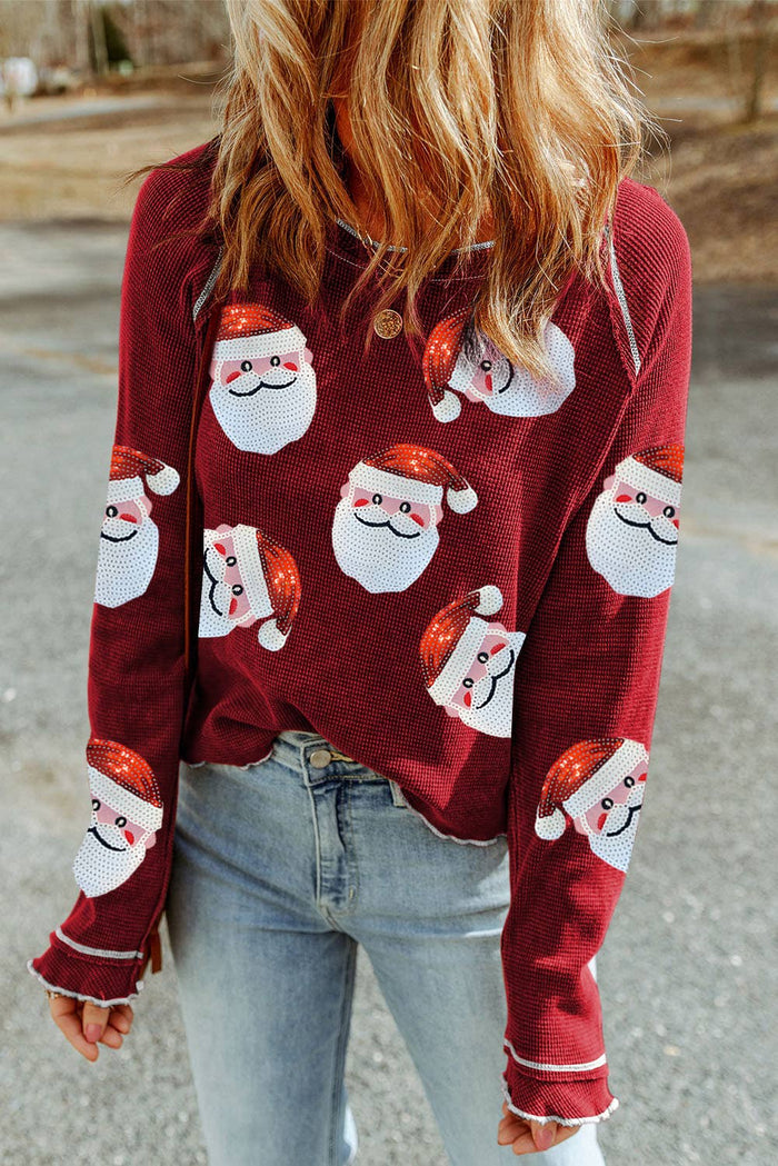 Sequin Santa Claus Graphic Textured Long Sleeve Top