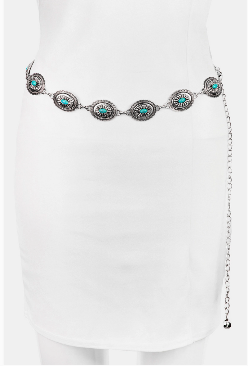 Western Fashion Oval Turquoise Disc Concho Chain Belt