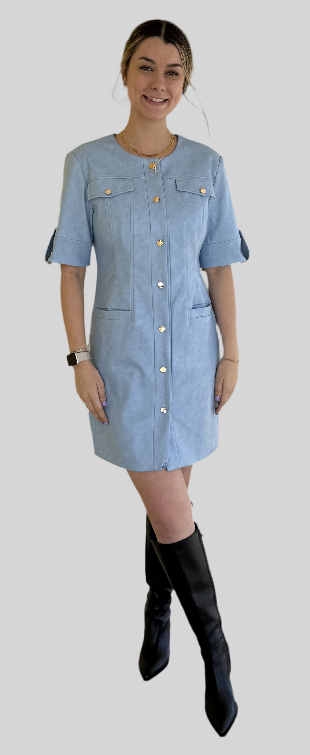 DolceCabo Blue Short Sleeve Vegan Leather Dress