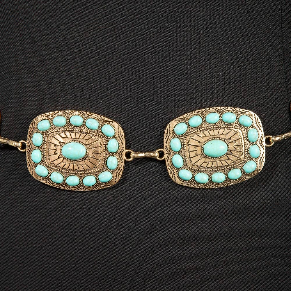 Western Turquoise Round Studded Rectangle Concho Chain Belt