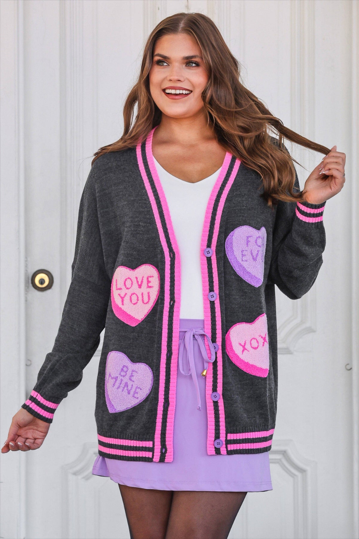 Chenille Patch Candy Hearts Relaxed Cardigan