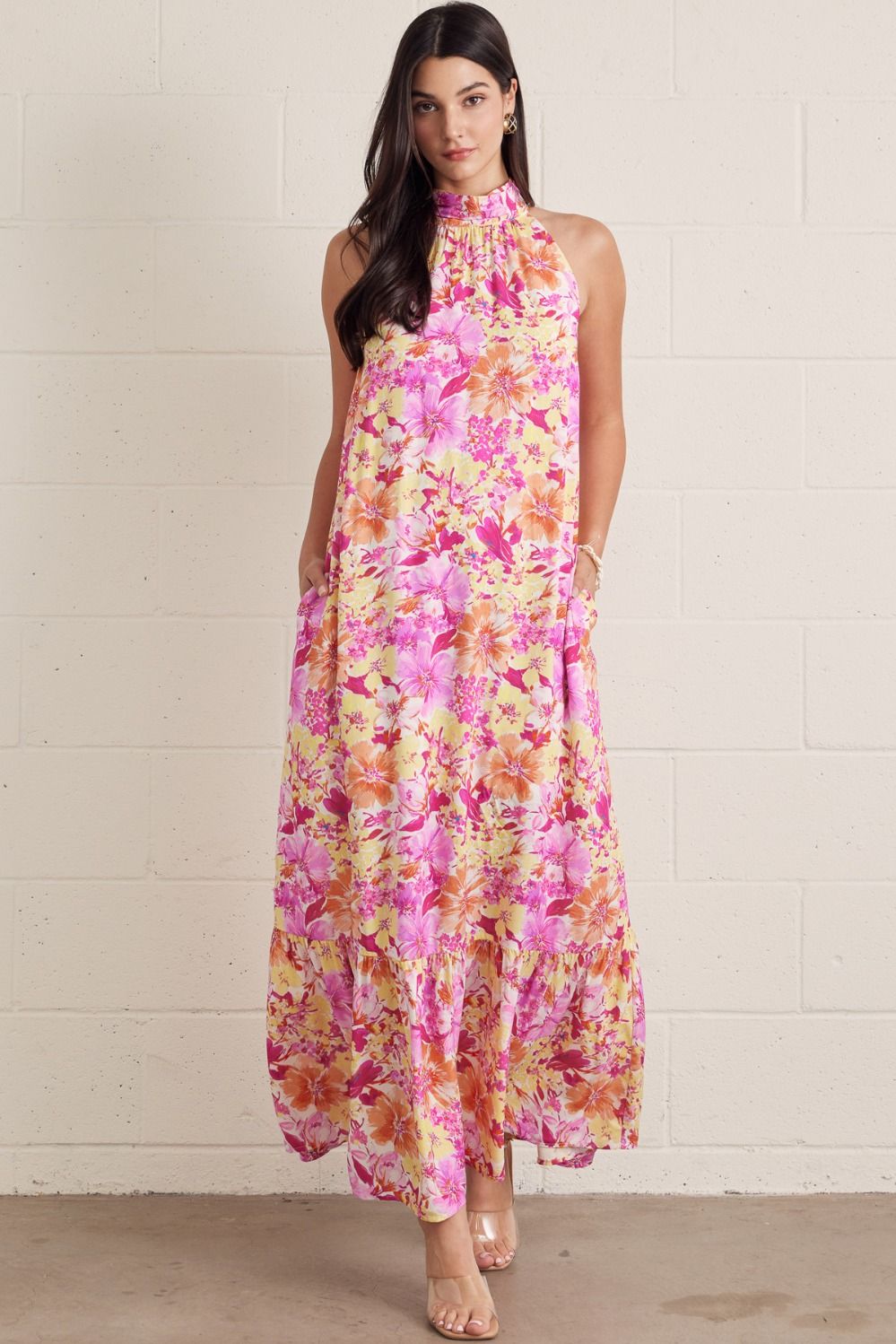 Sunset Bloom Halter Maxi Dress