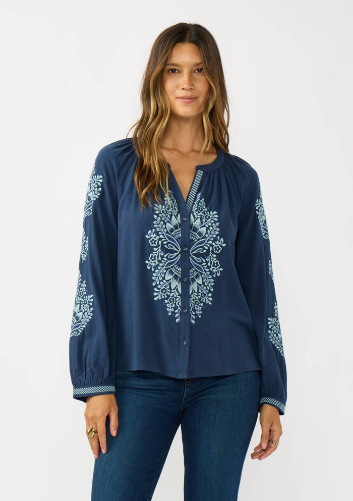 Embroidered Raglan Button Blouse