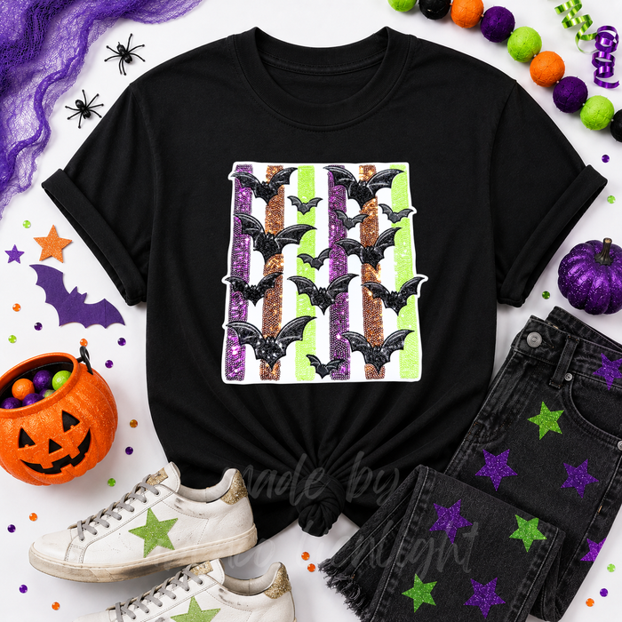 Colorful Striped Bats Halloween Sequin Patch Tshirt