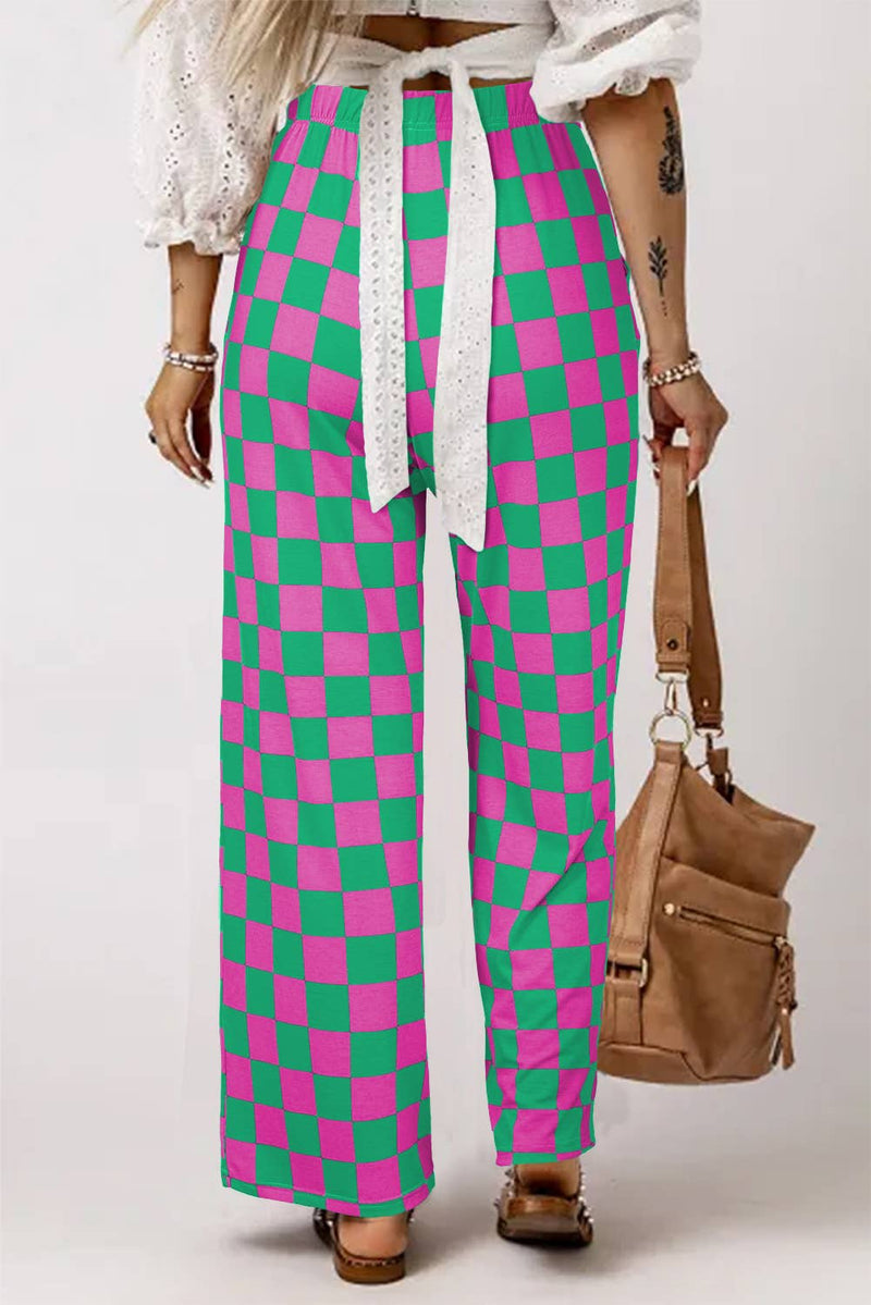 2-Tone Checked Print High Waist Wide Leg Pants