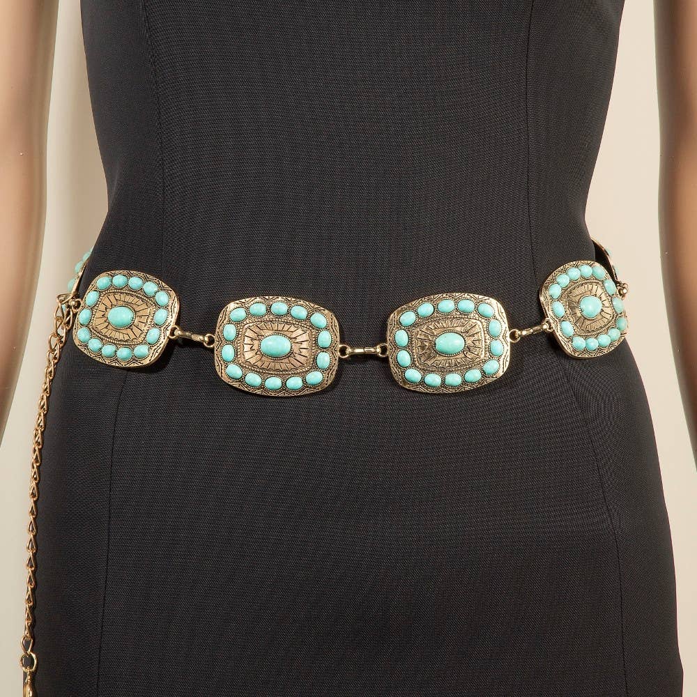 Western Turquoise Round Studded Rectangle Concho Chain Belt