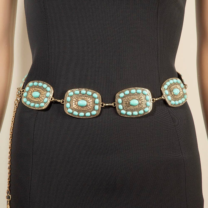 Western Turquoise Round Studded Rectangle Concho Chain Belt