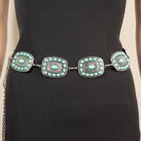 Western Turquoise Round Studded Rectangle Concho Chain Belt