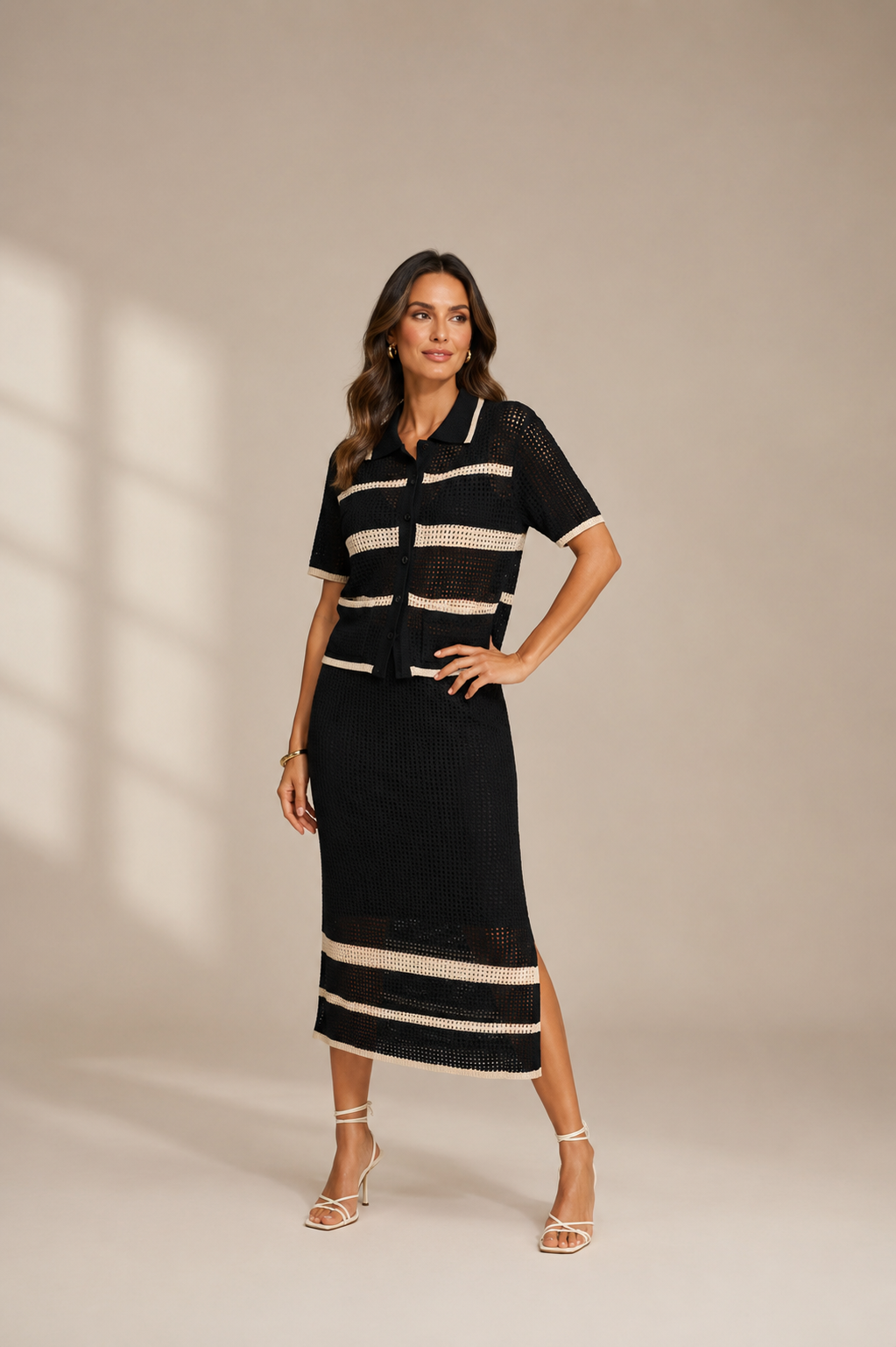 Joseph Ribkoff Sweater Knit Open Stitch Stripe Skirt