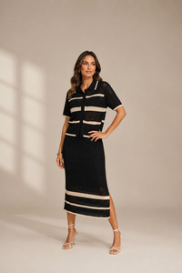 Joseph Ribkoff Sweater Knit Open Stitch Stripe Skirt