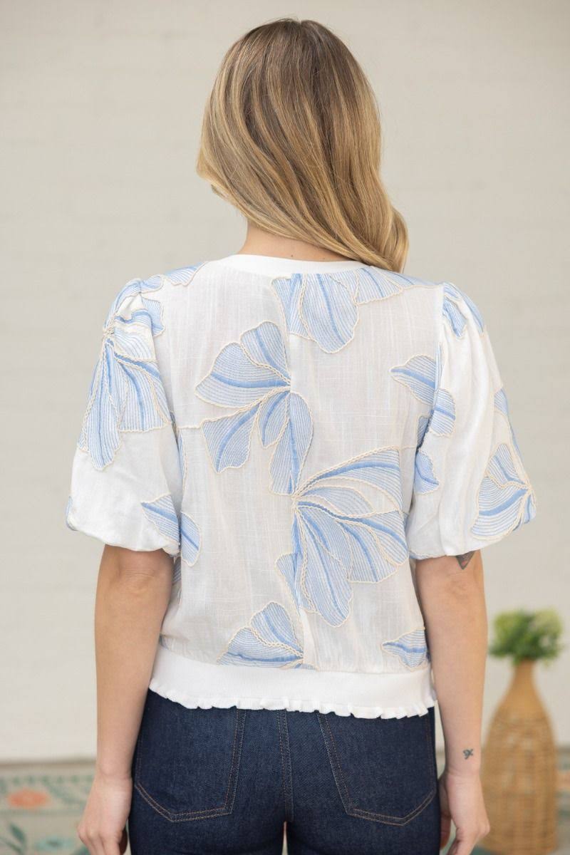 Contrast Band Detailed Floral Embroidery Top