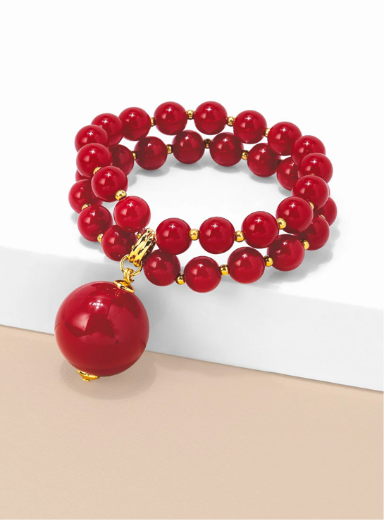 Two Strand Resin Beaded Strech Bracelet - Red