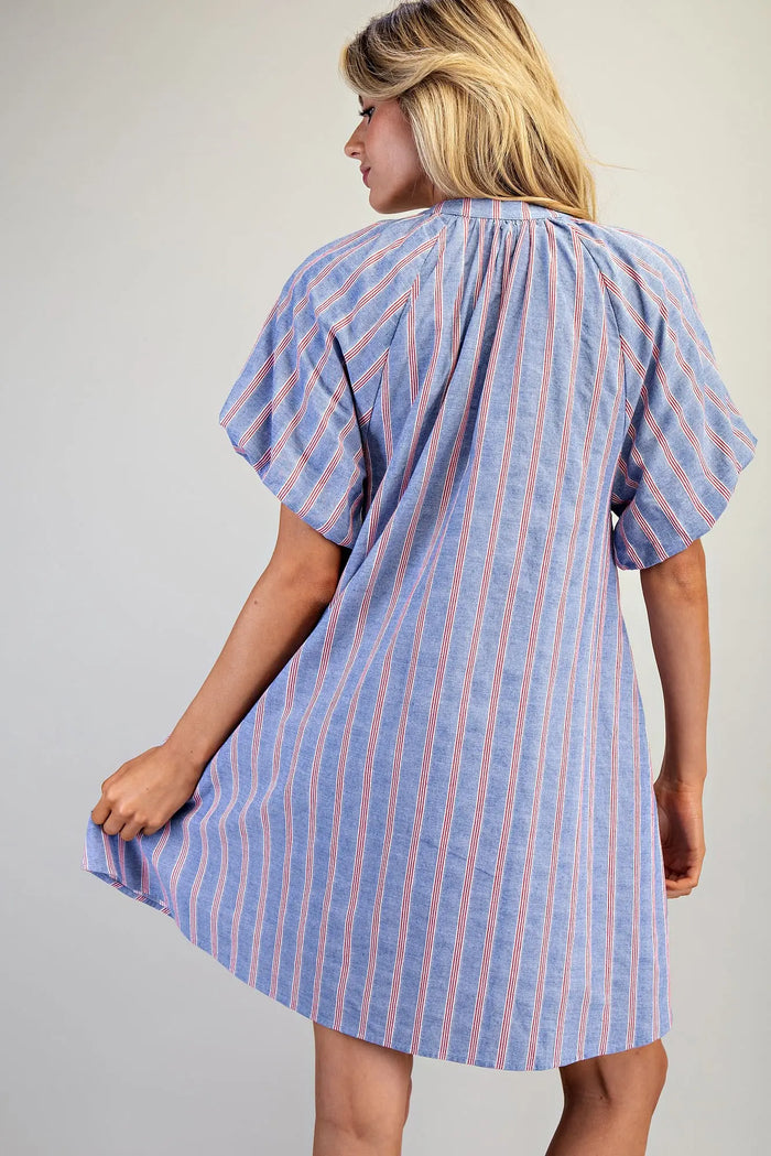Cobalt Cherry V-Neck Striped Puff Sleeve Dress