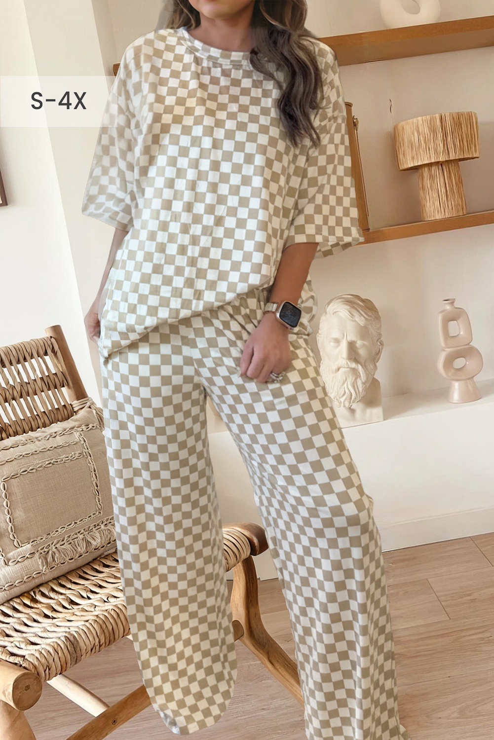 Checkered Print Half Sleeve Tee 2pcs Lounge Pant Set