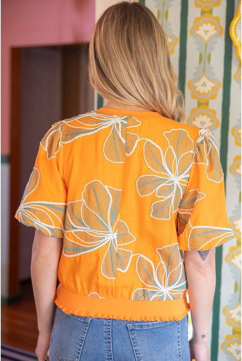 Contrast Band Detailed Floral Embroidery Top