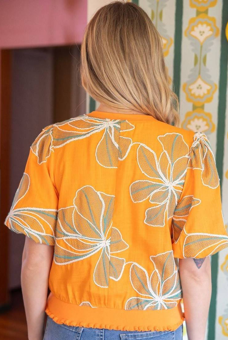 Contrast Band Detailed Floral Embroidery Top