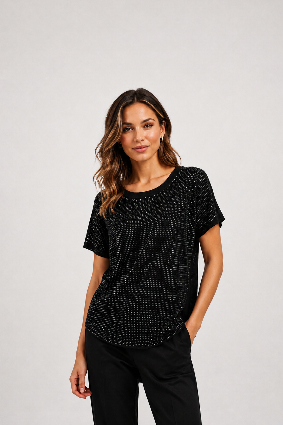 Joseph Ribkoff Metallic Knitted T-shirt with Rhinestones
